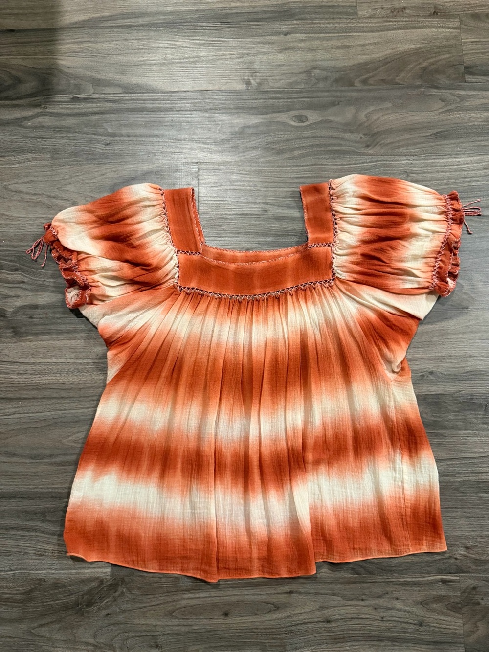 Square-Neck Tie-Dye Peasant Blouse in Orange and Cream